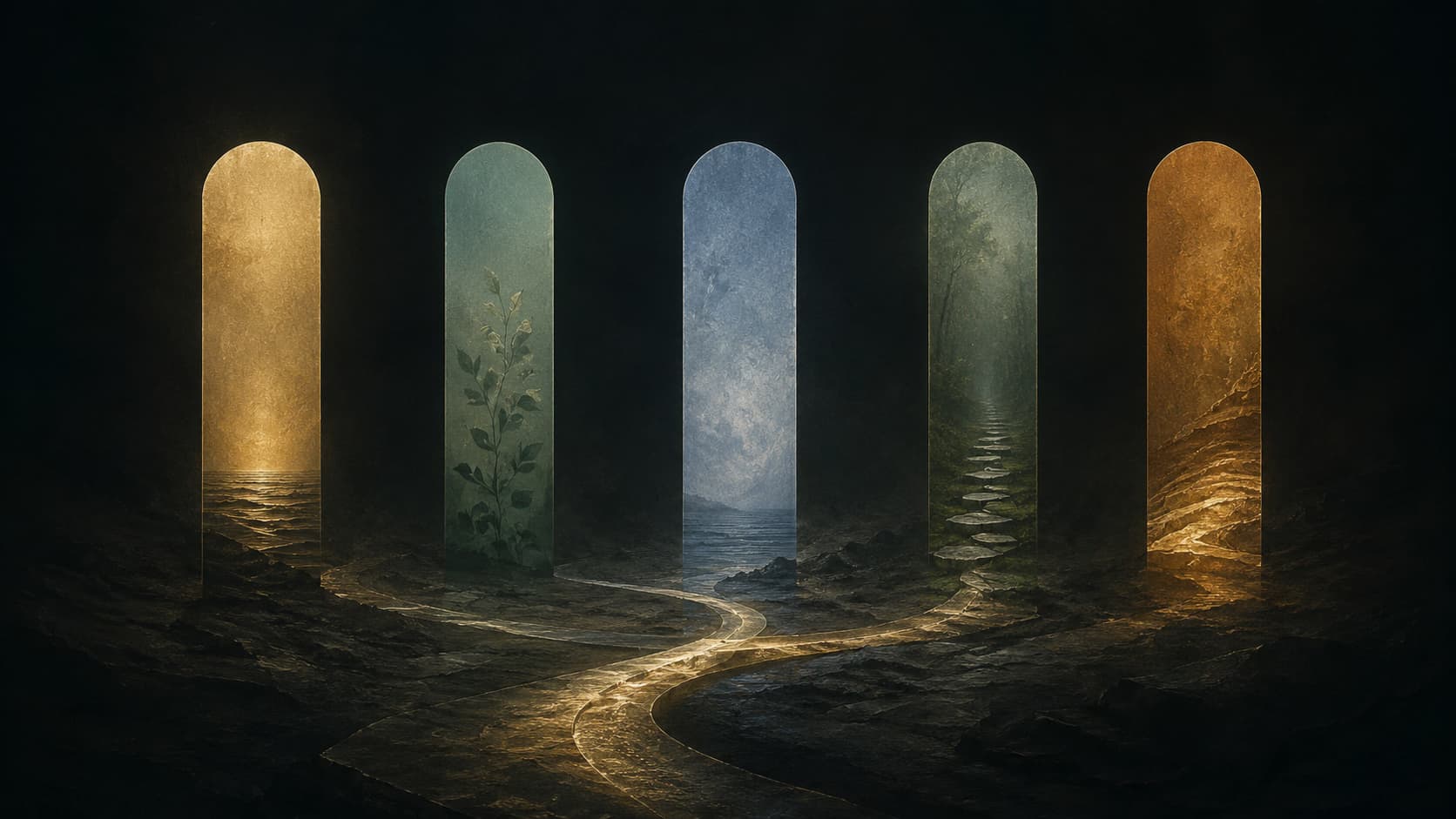 Five illuminated pillars representing the LoveWard practice path.